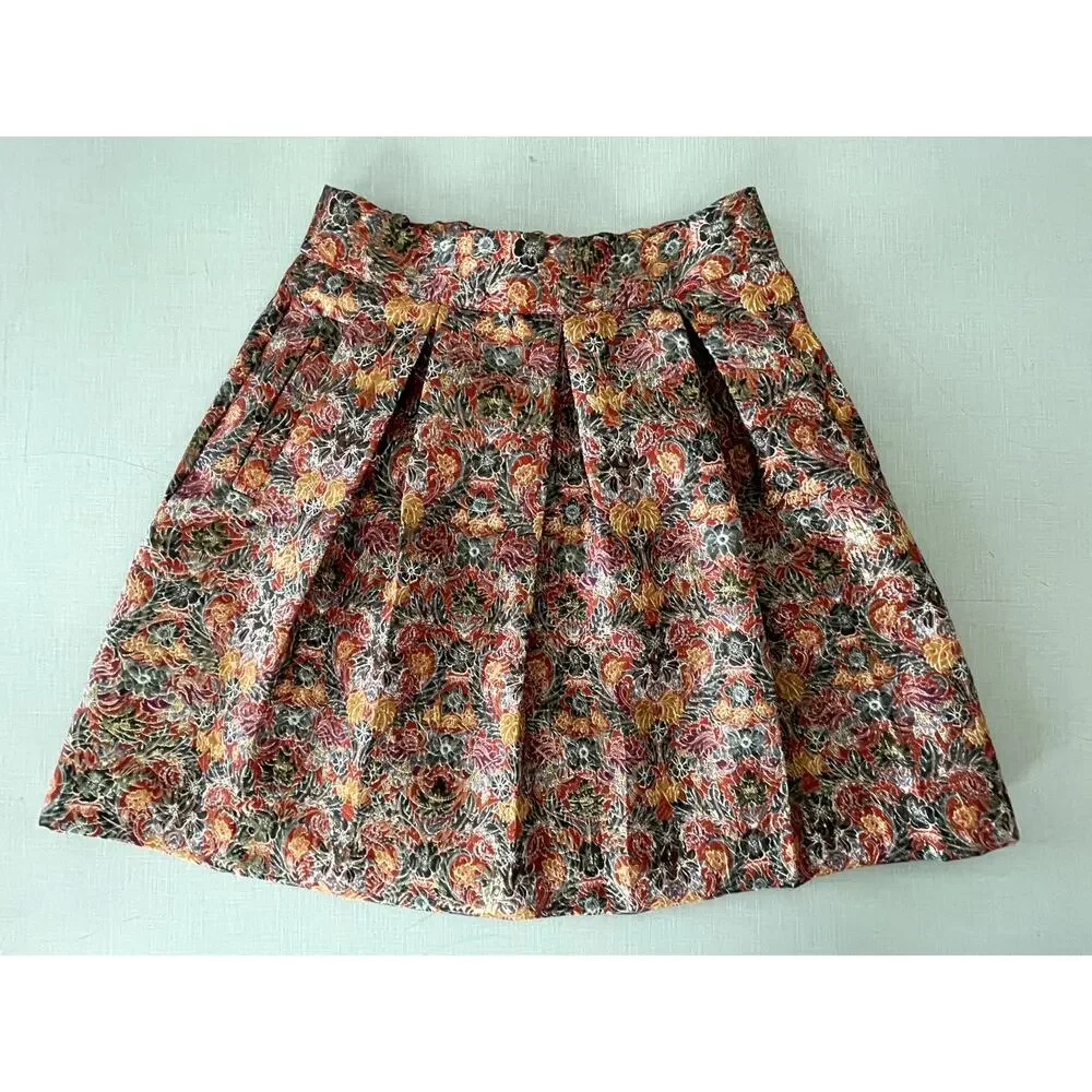 Anthropologie Metallic Skirt Mini Jacquard Holiday Party Boho Floral Pockets Fun
